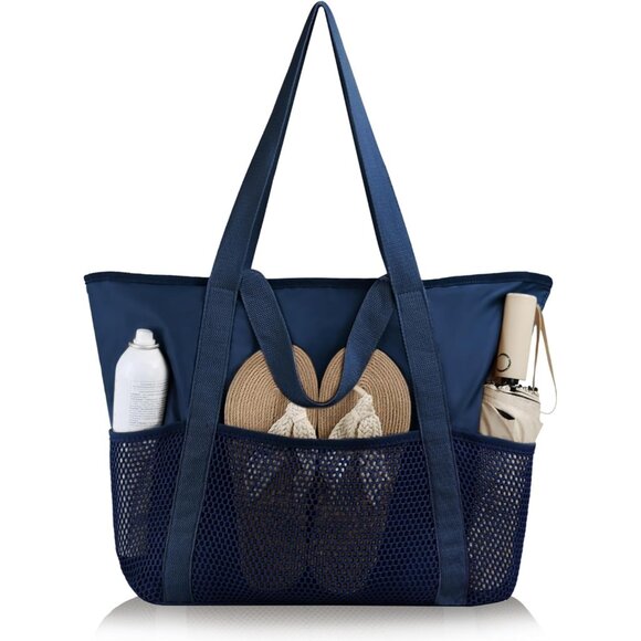 Women Navy Beach Bag Large Waterproof Sandproof Foldable Tote With Zipper Mesh - Picture 1 of 7